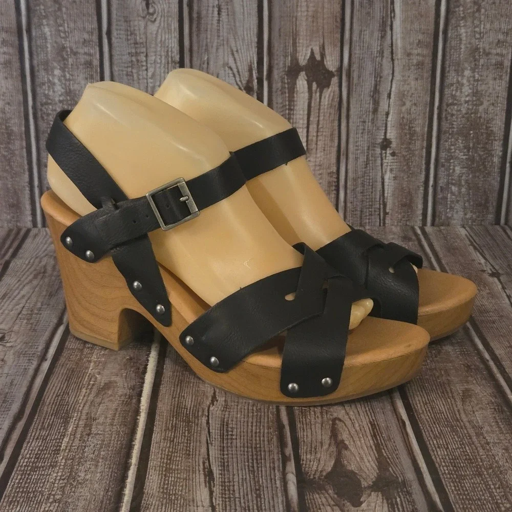 Sz 9 M Korks by Kork-Ease Bagley Black Studded Wood Platform Sandals VGUC!